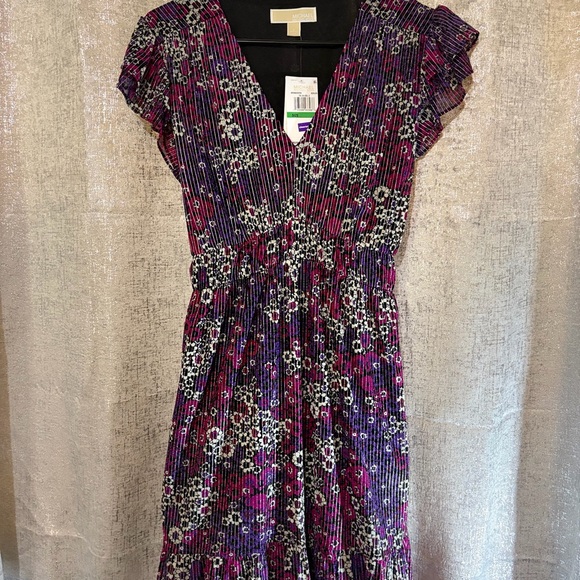 MICHAEL Michael Kors Dresses & Skirts - MICHAEL Michael Kors Floral Pleated Midi Dress - Purple and Black